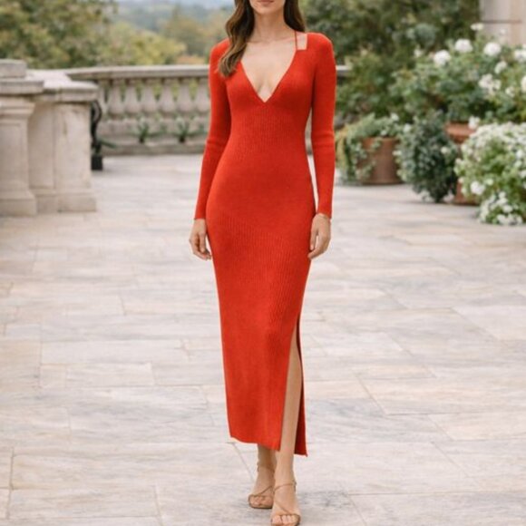 Nicholas Althea Red Rib Knit Halter Long Sleeve Slit Maxi Dress XS NWOT